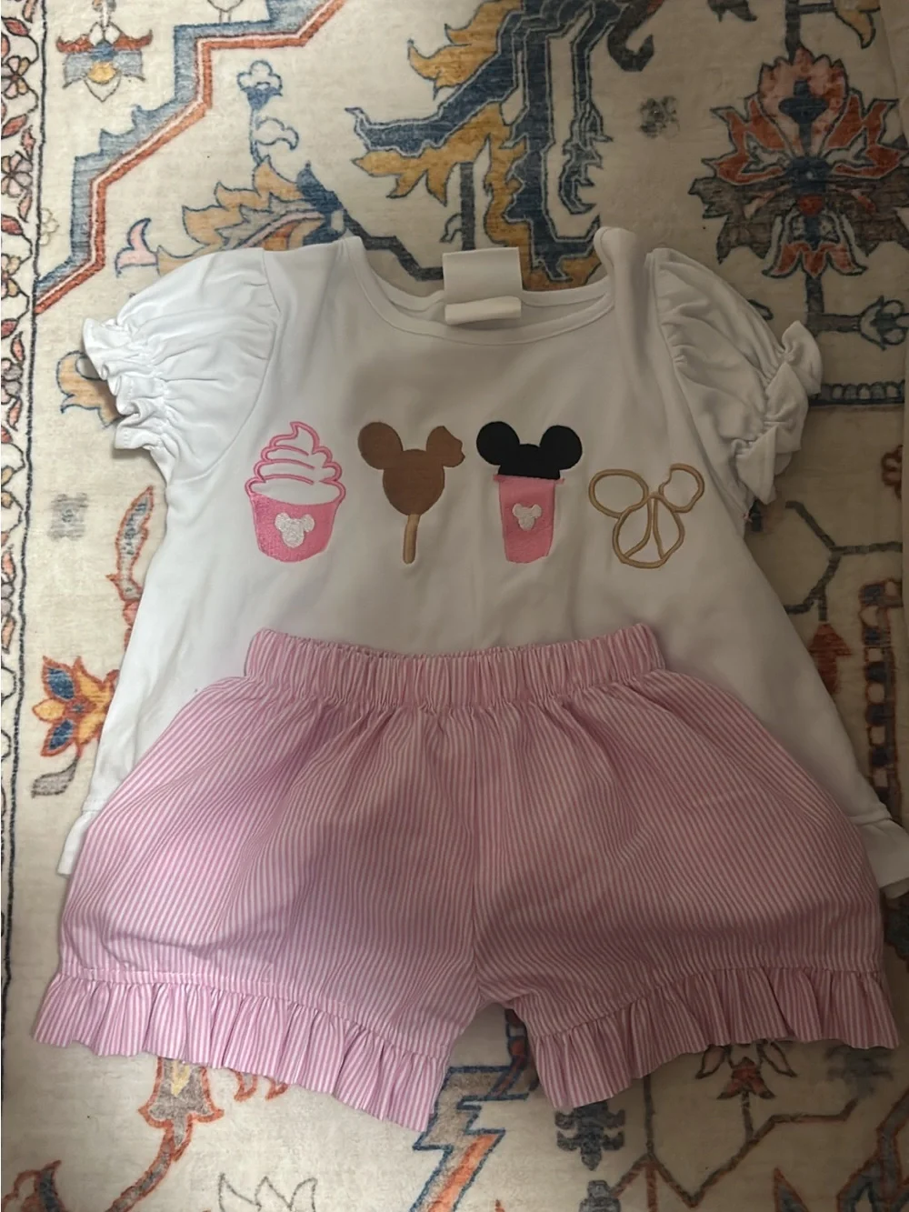 Girls White Top with Pink Snack Icons & Pink Striped Shorts